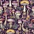 Whimsical seamles pattern with fantasy mushrooms in purple tones. Intricate background with amanita mushrooms