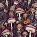 Whimsical seamles pattern with magic mushrooms. Intricate background with toadstool mushrooms for textile fabric