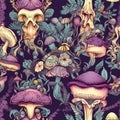 Whimsical seamles pattern with mysterious mushrooms. Intricate background with mushrooms in purple colors, texture design for gift