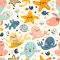 A whimsical seamless doodle pattern filled with a collection of funny and expressive cartoon faces. for include textiles, fabrics