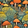 Whimsical seamless pattern with autumn forest and mushrooms. Great for fabric, textile and background. Generative AI