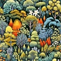 Whimsical seamless pattern with autumn forest. Nature textile fabric. Generative AI