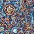 Whimsical seamless pattern in blue tones with mechanical clock parts. Intricate background with gears for textile fabric. Royalty Free Stock Photo