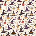 A whimsical seamless pattern featuring various Halloween-themed elements Royalty Free Stock Photo
