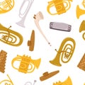 Whimsical Seamless Pattern Featuring Vibrant Wind Instruments In Playful Arrangement, Creating Lively And Musical Design