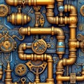 Whimsical seamless pattern with a lot of plumbing pipes and valves. Repetitive background with construction tubes. Generative AI