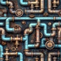 Whimsical seamless pattern with plumbing metal pipes and valves. Repetitive background with construction tubes. Generative AI