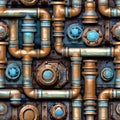 Whimsical seamless pattern with plumbing metal pipes and valves. Repetitive industrial background. Generative AI