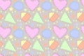 Whimsical seamless vector pattern of hand-stitched pastel hearts, triangles Royalty Free Stock Photo