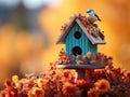 Whimsical Shelter: Wooden Birdhouse Nestled Among Dried Foliage and Vibrant Autumn Blooms on an Aqua Canva