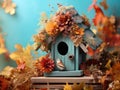 Whimsical Shelter: Wooden Birdhouse Nestled Among Dried Foliage and Vibrant Autumn Blooms on an Aqua Canva