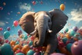 Whimsical sight, elephant lifted skyward by colorful balloons, defying gravity playfully