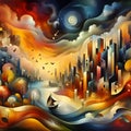 A whimsical skyline with autumn scenery, sailing boat on the sea, bold painting, abstract art