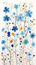 whimsical small spring flowers of blue color, folk style drawing, vertical image on a white background