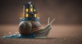 Whimsical snail carrying a miniature glowing castle on its shell Royalty Free Stock Photo