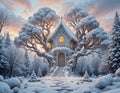Enchanted Winter Treehouse Haven at Sunset Royalty Free Stock Photo