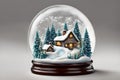 Whimsical snow globe with a miniature winter scene and swirling snow