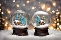 Whimsical snow globe with a miniature winter scene and swirling snow