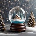 Whimsical snow globe with a miniature winter scene and swirling snow