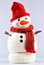 Whimsical Snowman in Knitted Hat and Scarf: Charming Winter Character on White Background.