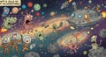 Whimsical space scene featuring cartoonish aliens, astronauts in spacesuits, and a