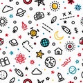 Whimsical space-themed pattern with colorful icons Royalty Free Stock Photo