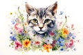 Whimsical springtime pet watercolor kitten in a cute floral scene