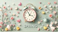 Whimsical Springtime Scene with Flowers, Butterflies, Chicks, and Clock Art Royalty Free Stock Photo