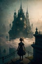 Steampunk image of little girl looking at a spooky castle