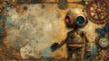 Steampunk Robot and Old Map Background with Vintage Gears and Clockwork Royalty Free Stock Photo