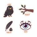 Whimsical Stickers Featuring a Crow, Branch, Feather, and Eye Royalty Free Stock Photo