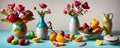 Whimsical still life. focusing on playful arrangements, color contrasts, and storytelling elements. Generative AI.