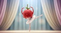 Whimsical strawberry ballerina dances gracefully on stage under soft curtains Royalty Free Stock Photo