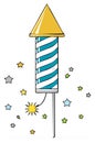 Whimsical striped rocket with yellow cap explodes with bright star shaped confetti Royalty Free Stock Photo