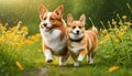 Whimsical Stroll: Red Cat and Corgi Dog, Furry Friends Walking in a Field of Greenery, Flowers, and Playful Rain