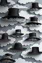 Floating Hats in the Sky Surreal Black Top Hats Amongst Grey Clouds Creating a Magical Atmospheric Illusion Royalty Free Stock Photo