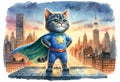 Whimsical Superhero Cat Overlooking Dusk Cityscape - AI generated digital art Royalty Free Stock Photo