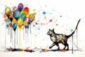 Whimsical tabby cat playfully engages with vibrant balloons in a captivating watercolor artwork