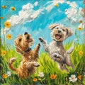 Whimsical tails wag in pure bliss as cute dogs frolic in a sunny meadow drawing