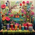 Whimsical Tapestry of Vibrant Threads and Sewing Needles in a Charming Paradise