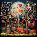 Whimsical Tapestry of Vibrant Threads and Sewing Needles in a Charming Paradise