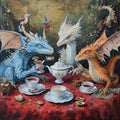 Whimsical tea party with anthropomorphic dragons and griffins
