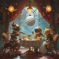 a whimsical tea party with characters from different galaxies.