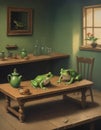 Whimsical Tea Time of Frogs in Cozy Room, AI Generated