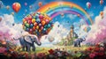 A whimsical technicolor dreamscape featuring flying elephants, floating houses, and cotton candy clouds by AI generated