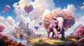 A whimsical technicolor dreamscape featuring purple elephants, floating houses, and cotton candy clouds by AI generated