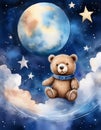 A whimsical teddy bear floats in cosmic solitude, surrounded by stars and a serene moon. Generative AI