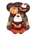 Whimsical thanksgiving gnome with pumpkin cupcake and autumn decoration illustration