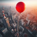 Red balloon floats above the tall towering skyscrapers on the city