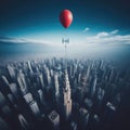 Red balloon floats above the tall towering skyscrapers on the city
